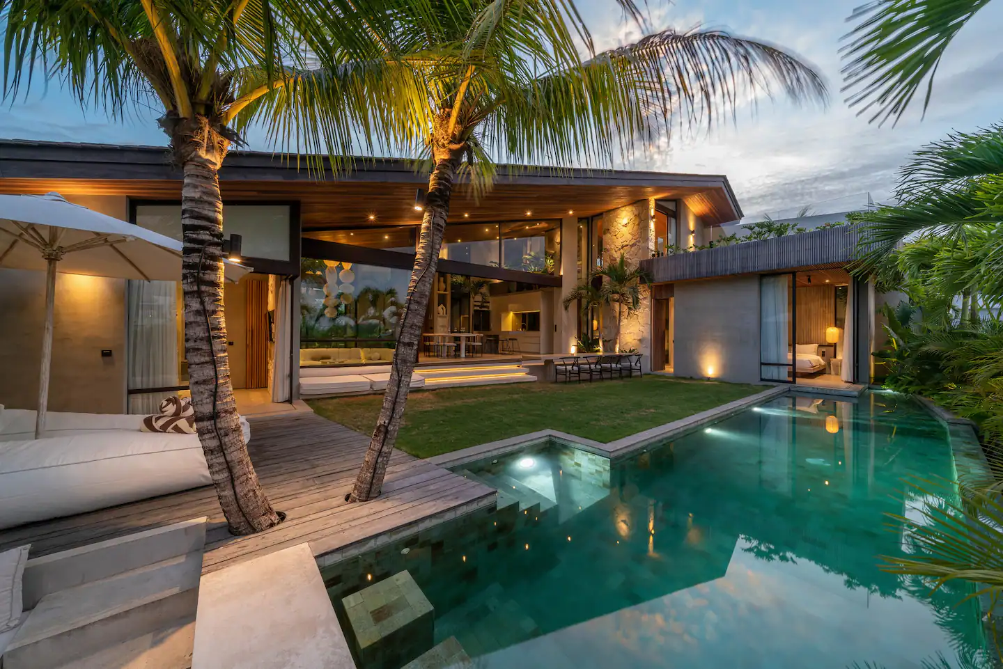 Bali villa with pool at dusk